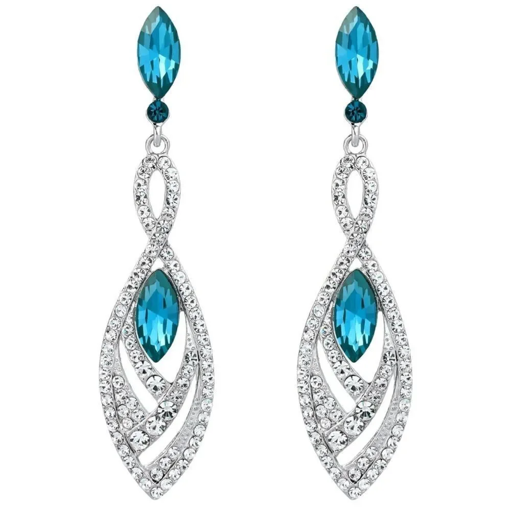 Silver with Blue Topaz and Diamond Austrian Crystal Twisted Chandelier Earrings